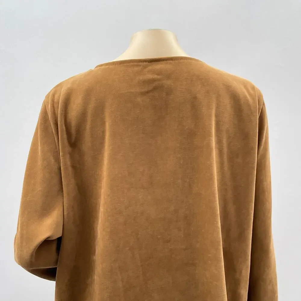 AHNI USA Top Womens 3 / XL Brown Microsuede Artsy Graphic Asymmetrical Hem Boho - Picture 6 of 11